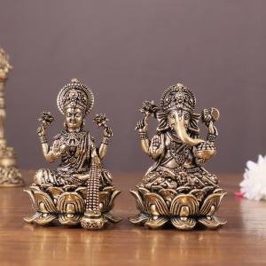 Pure Brass Unique Lord Ganesha and Goddess Lakshmi Idols - 3" Height